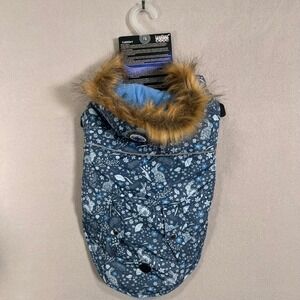 LuvGear Light Blue Bunny Print Dog Winter Coat Puffer ColdAlert Faux Fur Hood L